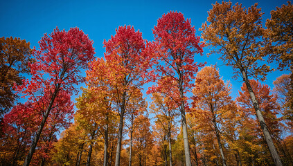 Fototapeta premium Vibrant autumn trees ablaze with fiery red and golden foliage against a clear blue sky, a stunning natural spectacle
