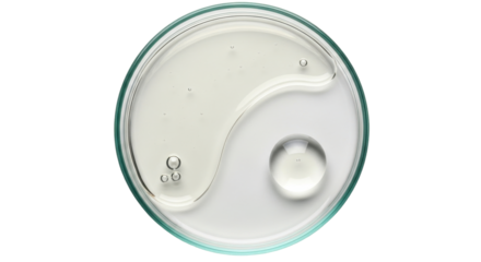 Isolated petri dish with Yin and Yang symbol made of gel serum, dermatology sample