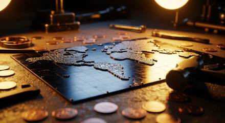 Metallic world map on textured workshop surface with hammer, coins and tools in warm ambient lighting, industrial craftsmanship
