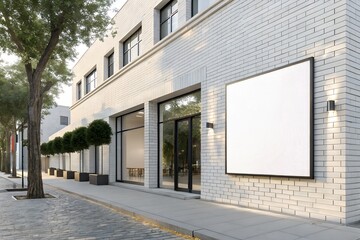 Fototapeta premium Modern Building Facade with Blank Billboard and Tree Lined Sidewalk in City