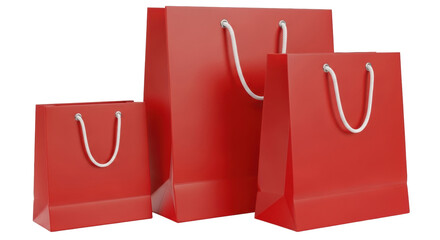 Isolated three red shopping bags of different sizes with rope handles for sales and presents