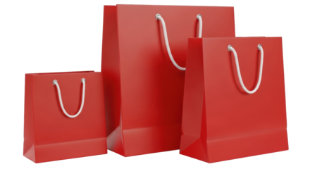 Isolated three red shopping bags of different sizes with rope handles for sales and presents
