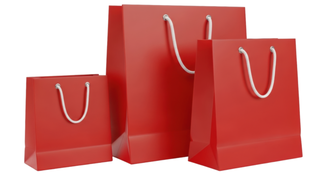 Isolated three red shopping bags of different sizes with rope handles for sales and presents