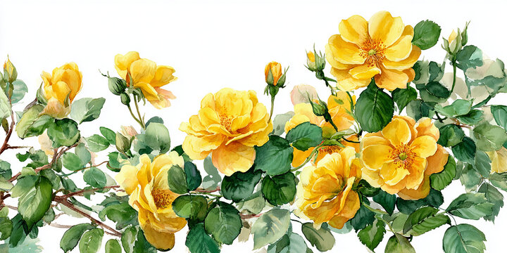 Cheerful watercolor illustration of yellow rose bushes with bright blossoms and green foliage, styled as a floral border for seasonal and festive decoration.