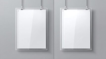 Acrylic poster, blank glass frame hang on wall isolated on transparent background. Empty photo frame template, rectangular name plate, plexiglass banner, holder mockup Realistic.