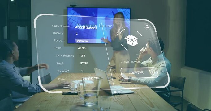 Business team leaning over hologram loading info and woman tapping confirm button finalizing order