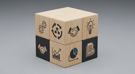 Fototapeta premium Wooden blocks with business icons like handshake, gears, and charts, forming a cube on a gray background