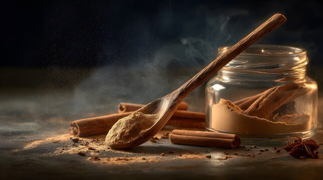A wooden spoon filled with a flavorful spice rests beside a glass jar containing more of the same, alongside scattered cinnamon sticks on a rustic surface, with a dark, moody atmosphere evoking...