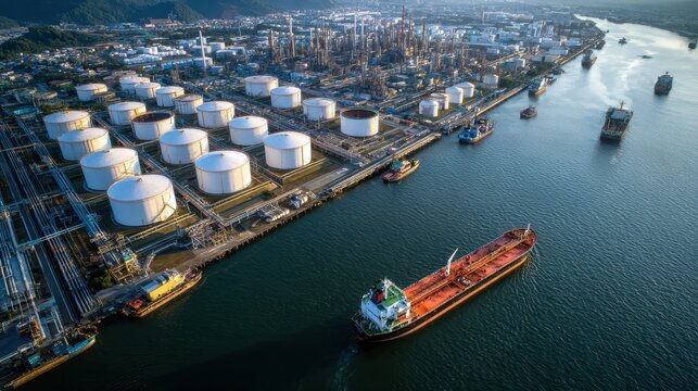 Aerial View of Oil Refinery with Storage Tanks and Docked Tanker.