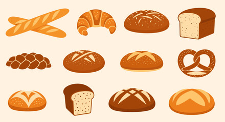 A collection of fresh baked goods including bread rolls baguettes croissants and pretzels presented on a light background.