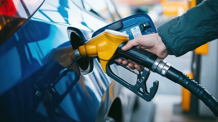 Person filling a blue car with fuel.