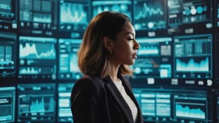 Businesswoman and neon glowing financial or analytical data trending upward - Powered by Adobe