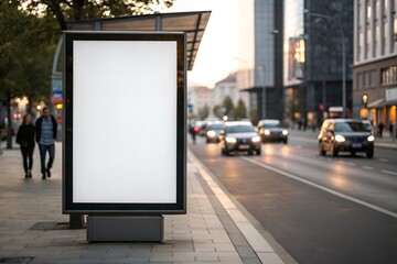 Blank Billboard Mockup at Bus Stop in Urban City Center at Dusk