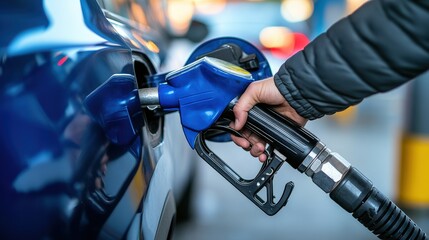 Close-up of a person fueling a blue car.