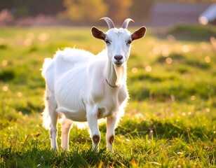 Obraz premium White goat in sunlit meadow