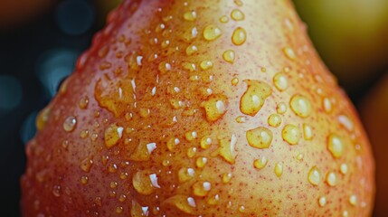 Close-up view of water droplets on a pear.