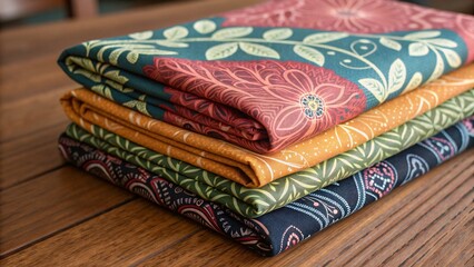 Beautiful Batik of folded fabric with floral and paisley patterns on wood