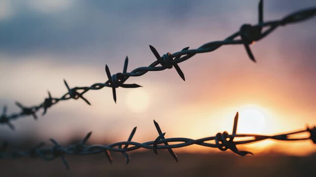 Coiled razor wire with sharp barbs forms on sunset, imposing security barrier in prison