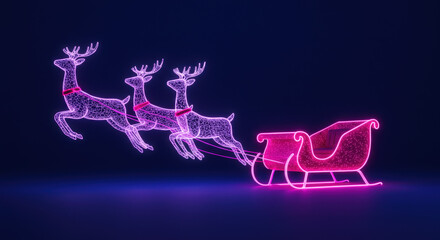 Glowing neon sleigh pulled by luminous reindeer with sparkling antlers against dark blue background, festive holiday scene
