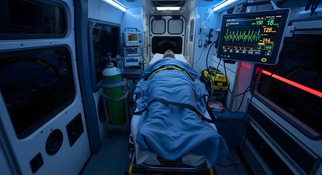 Interior view of an ambulance with a patient on a stretcher and medical equipment visible inside