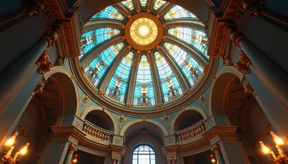 Obraz premium Ornate interior features a grand stained glass dome ceiling. Ornate gold Corinthian columns and architectural details support the structure. Interior lighting creates a warm inviting glow.