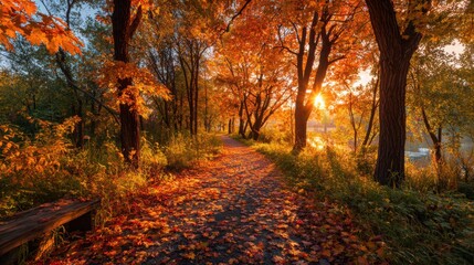 Naklejka premium A peaceful pathway lined with colorful autumn leaves leads towards a glowing sunset. The warm hues of orange and gold reflect on the nearby water, creating a serene atmosphere.