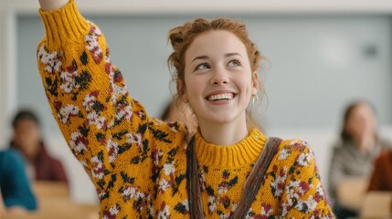 Young woman wearing a colorful sweater raises her hand with a big smile, eager to contribute in a lively classroom setting filled with engaged students.