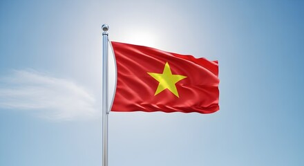 Vietnam National Flag Proudly Waving Against a Bright Blue Sky Symbol of Patriotism