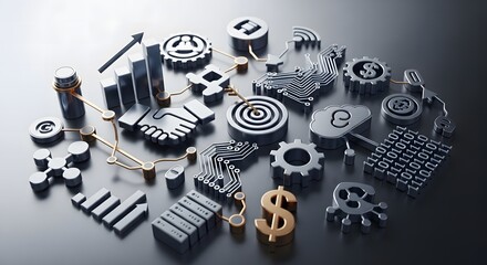 Collection of metallic business and finance icons, gears, handshake, target, and charts