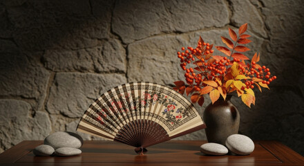 A serene still life composition featuring a decorative fan with intricate floral patterns on a dark wooden table