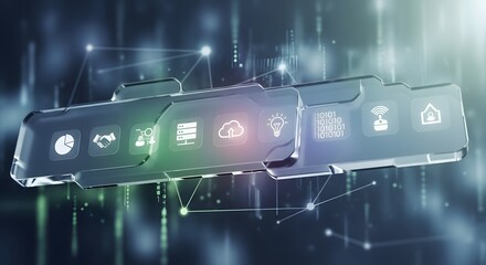 Futuristic digital interface displaying various business icons and network connections, symbolizing technology and connectivity