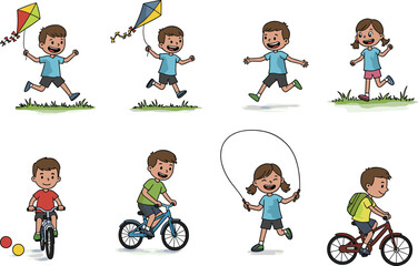 Children, Kids, Outdoor, Activity, Play, Fun, Exercise, Running, Cycling, Jumping, Rope, Kite, Sports, Fitness, Healthy, Childhood, Recreation, Energy, Lifestyle, Cartoon