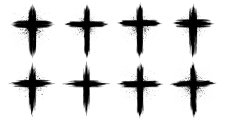 Eight distressed christian crosses spiritual grunge religious silhouette isolated on transparent background