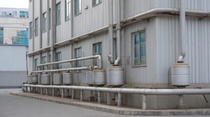 Industrial structures feature gas pipelines connected to multiple storage units along a factory wall. The setting showcases modern architecture under a bright sky, highlighting urban development.