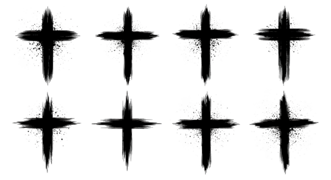 Eight distressed christian crosses spiritual grunge religious silhouette isolated on transparent background