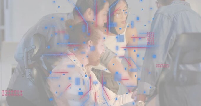 Seated man typing commands launching software interface overlay covering colleagues solving problem