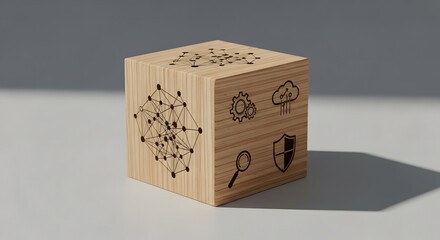 Wooden cube with etched icons representing technology, cloud, security, and data network