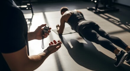 Man doing plank exercise while trainer holds stopwatch in a gym with sunlight shining through window