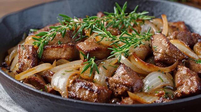 Sizzling Skillet Delight: A close-up showcases a delectable skillet brimming with succulent, perfectly seared beef, harmoniously blended with golden caramelized onions and aromatic herbs.