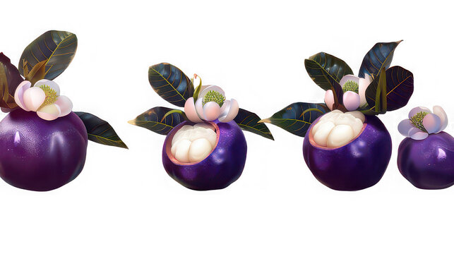 A row of mangosteen fruits with leaves and flowers on a black background in a studio setting