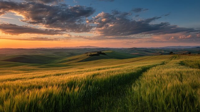 Golden fields stretch across rolling hills as the sun sets, casting warm tones in the sky. Soft clouds drift lazily, creating a picturesque natural landscape during evening hours. - Powered by Adobe