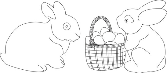 Bunny with Easter Eggs Basket- Line Art