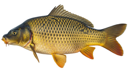 Isolated Carp fish full body view studio shot, golden yellow scales, freshwater, aquaculture