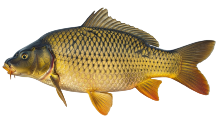 Isolated Carp fish full body view studio shot, golden yellow scales, freshwater, aquaculture