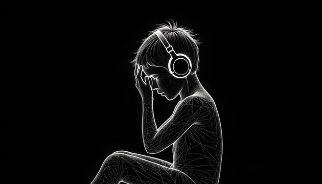 Autistic child boy wearing headphones covering face with hands in white contour line art on black background expressing sound sensitivity and emotional withdrawal