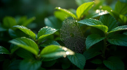 Spiderweb with dew drops among green leaves in nature