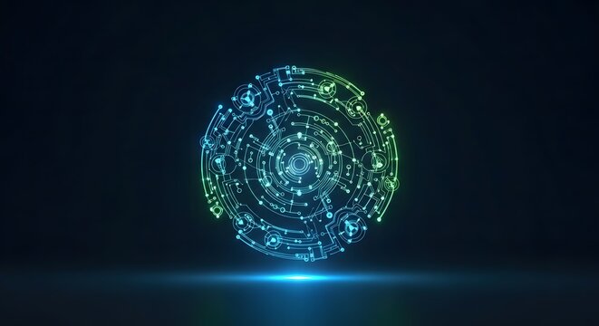 Abstract glowing sphere made of blue and green digital particles and circuits, representing technology and data