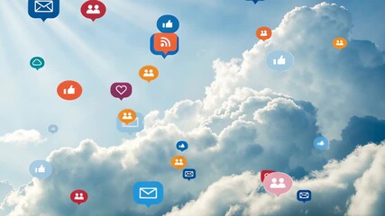 Digital network online activity social media cloud icon flow, communication engagement connection data technology through soft cloudscape - Powered by Adobe