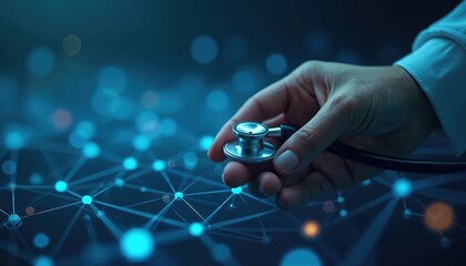 Doctor holds stethoscope over network connections. Medical professional explores digital health tech. Healthcare innovation with stethoscope and network.