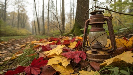 old red lantern in autumn forest
